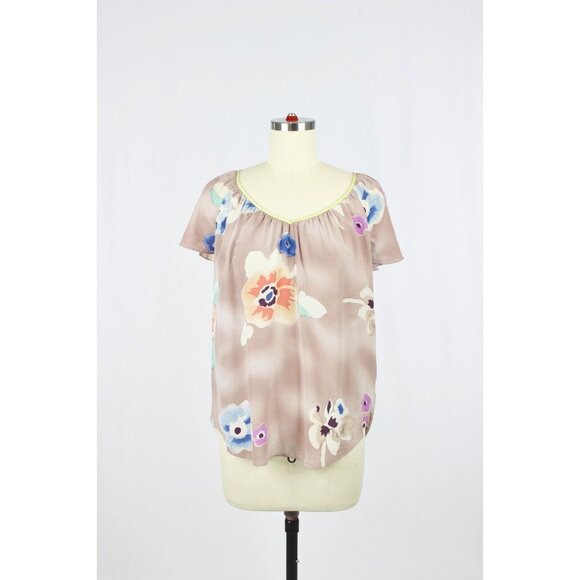 REBECCA TAYLOR Mauve Floral Print Silk Crepe V-Neck Blouse Top, Size 0 - Picture 1 of 11